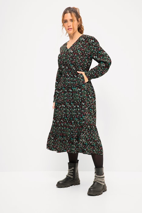 Midikleid, A-Line, Zickzack Print, V-Ausschnitt, elastische Taille, Langarm