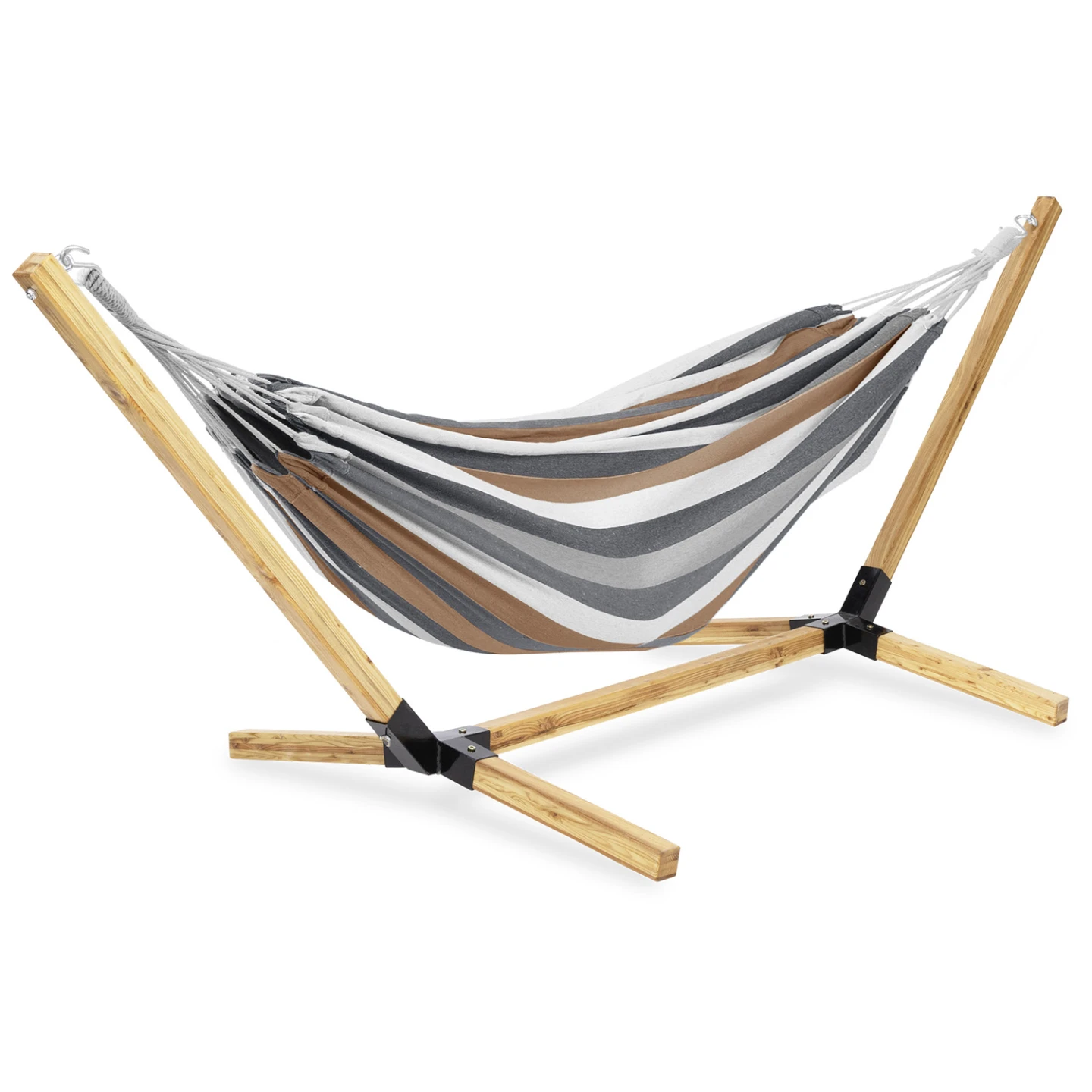 Hamac avec support bois et toile rayée noire, blanche et chocolat TAHITI
