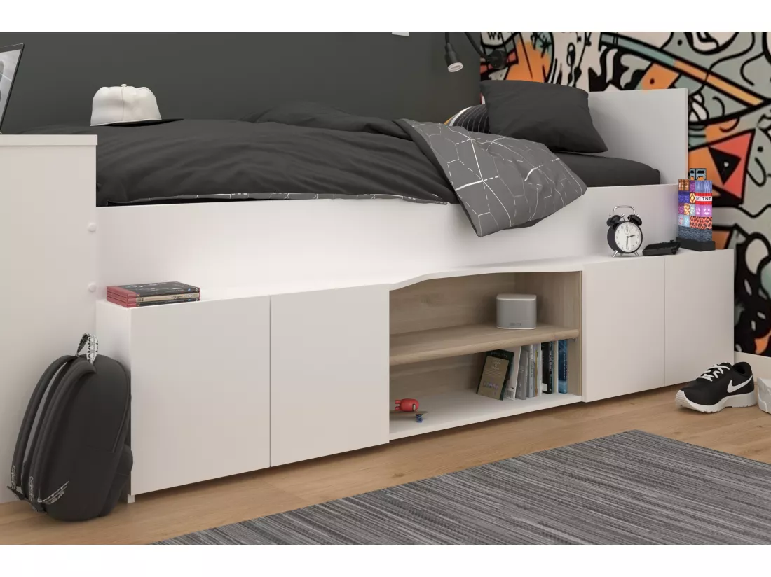 Lit combiné 90 x 190/200 cm avec bureau et rangements - Blanc et naturel + Sommier + Matelas - JOCHIANE
