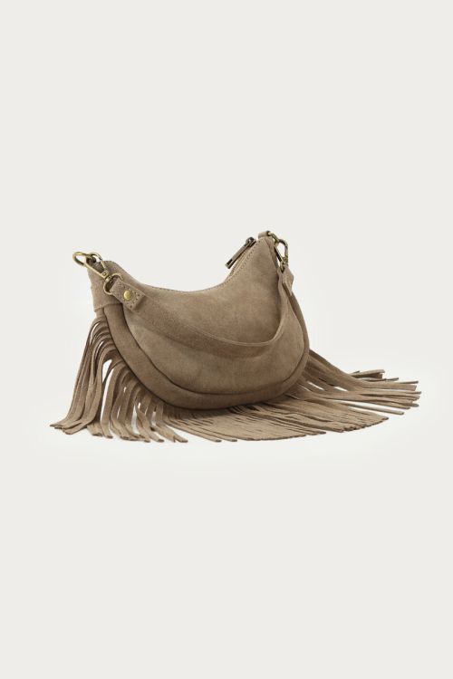 Taupe suède schoudertas met franjes