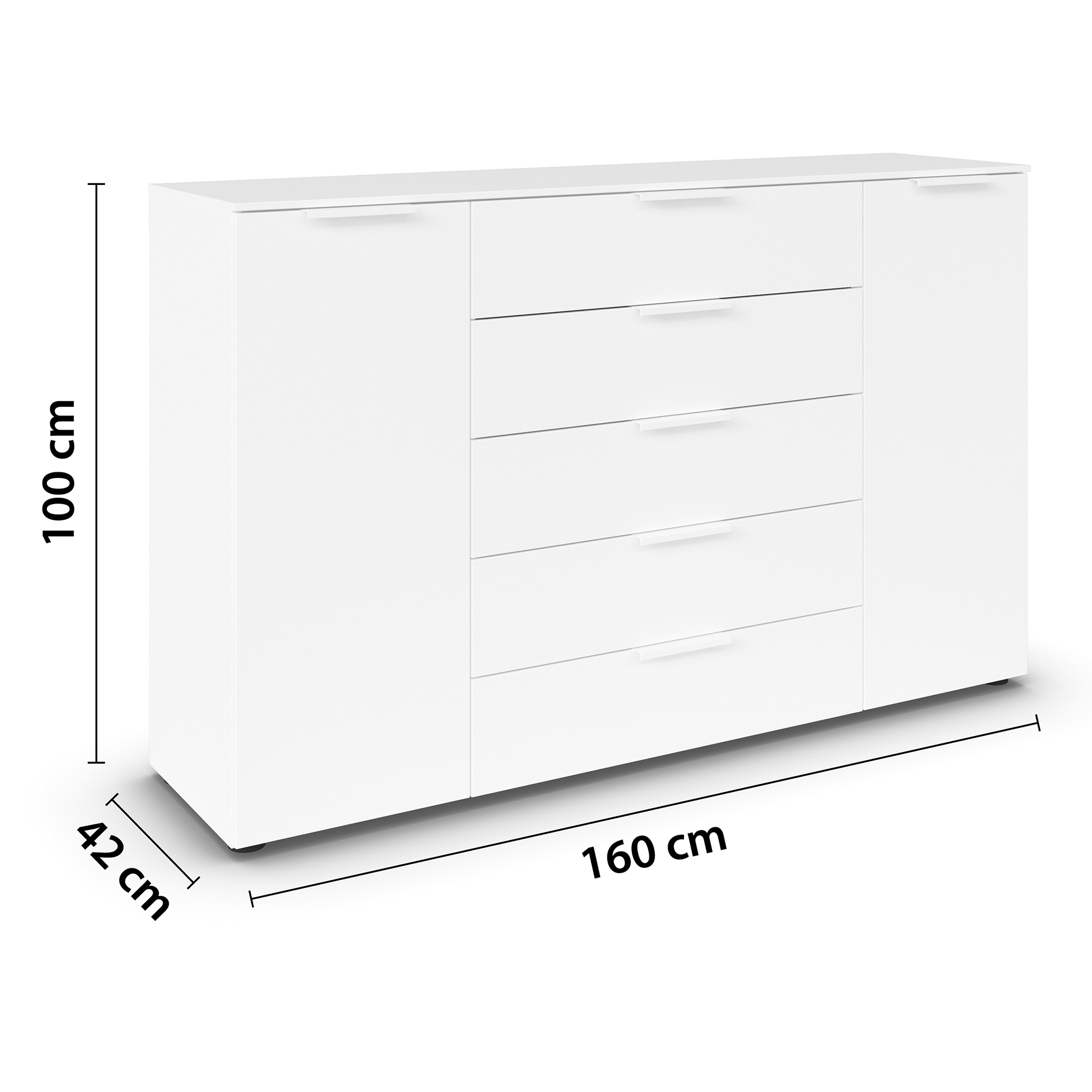 Kommode - alpinweiß - weiße Griffe - 160 cm