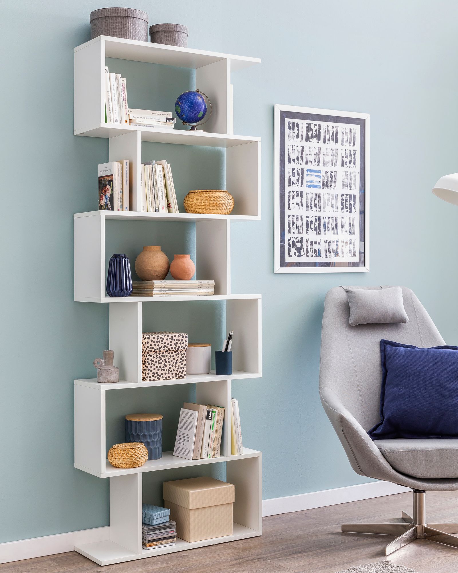 KADIMA DESIGN Modulares Zickzack Bücherregal, Mattweiß, 6 Regalfächer, Anti-Rutsch-Noppen