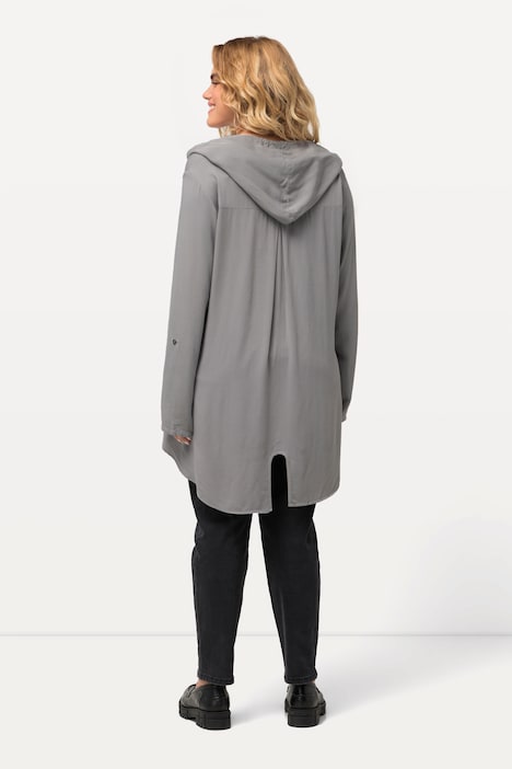 Longbluse, Kapuze, A-Linie, hinten länger, Langarm