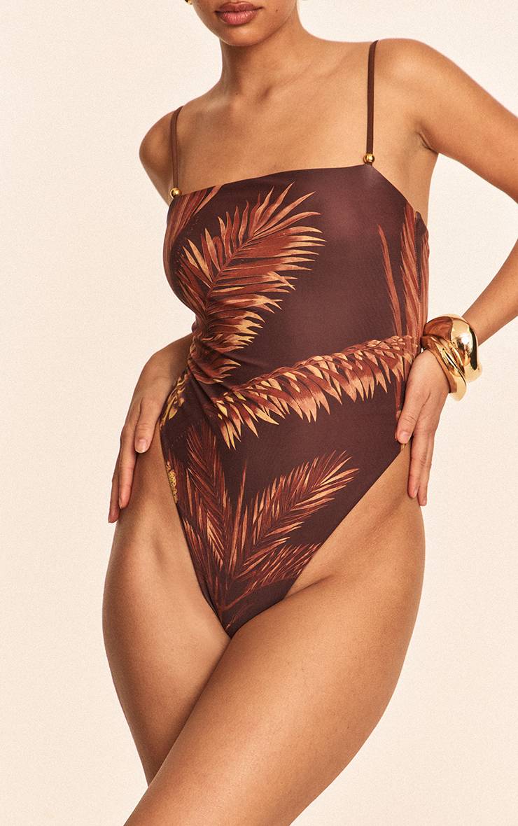 Chocolat Maillot De Bain À Bretelles Imprimé Palmiers
