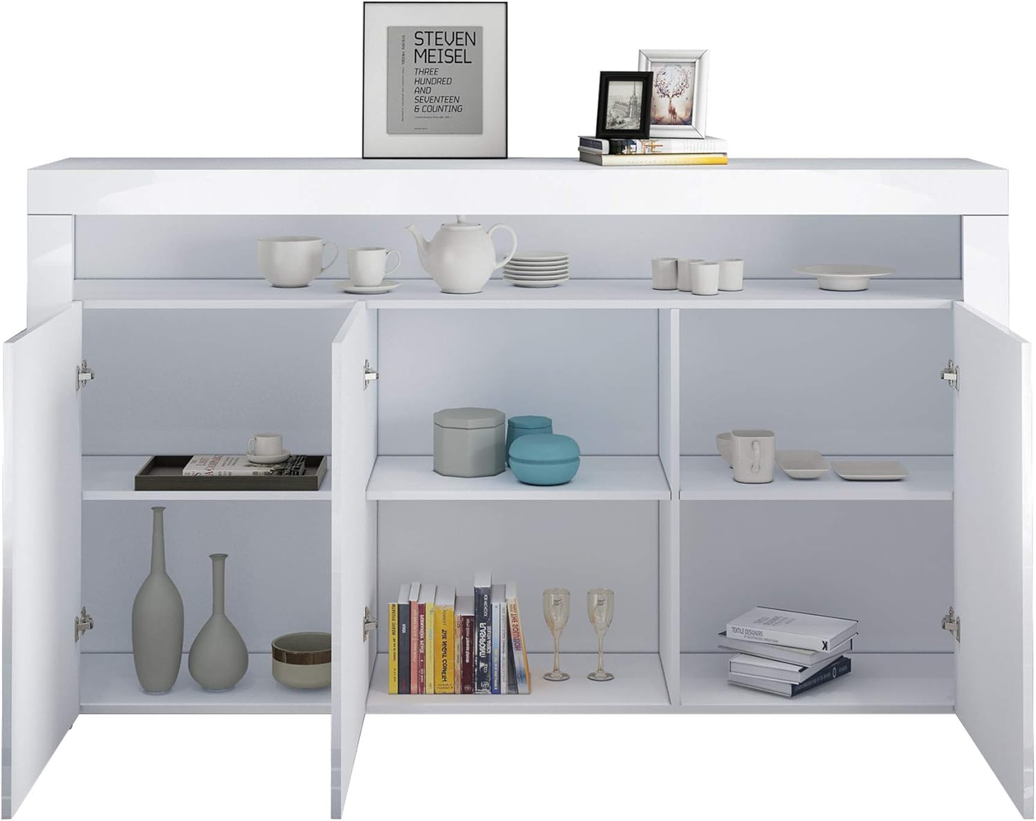 Sideboard Kommode 3 Türen Hochglanz Front mit LED Beleuchtung TV Lowboard Für Esszimmer Wohnzimmer Möbel 152x97x35cm Weiß
