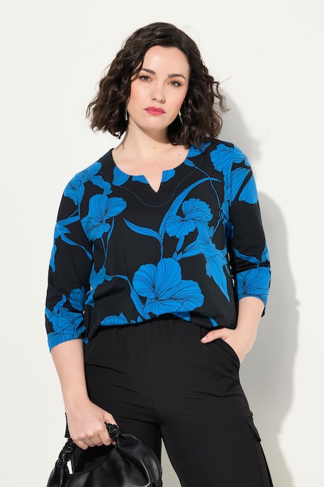 Shirt, Blüten, A-Linie, Tunika-Ausschnitt, 3/4-Arm