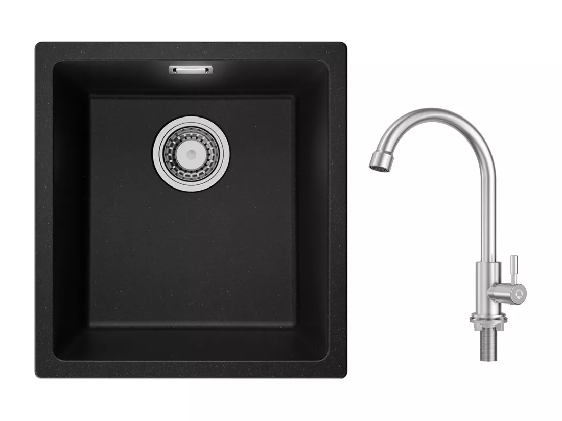 Evier 1 Bac en Quartz et Résine, 3 Options de Montage, 40*44*20cm + Robinet de Cuisine à eau Froide,Brossé