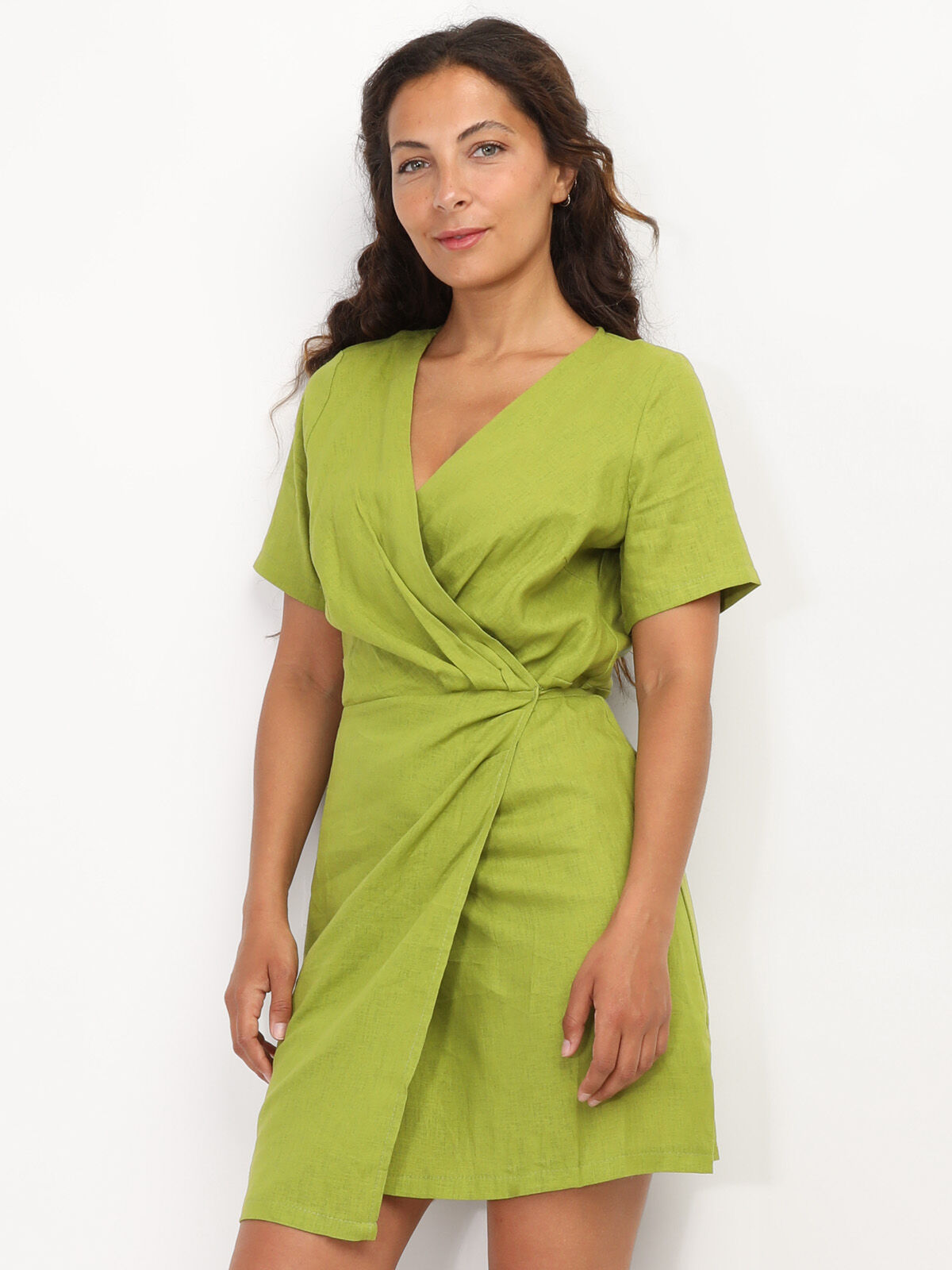 Robe portefeuille en lin- Vert olive