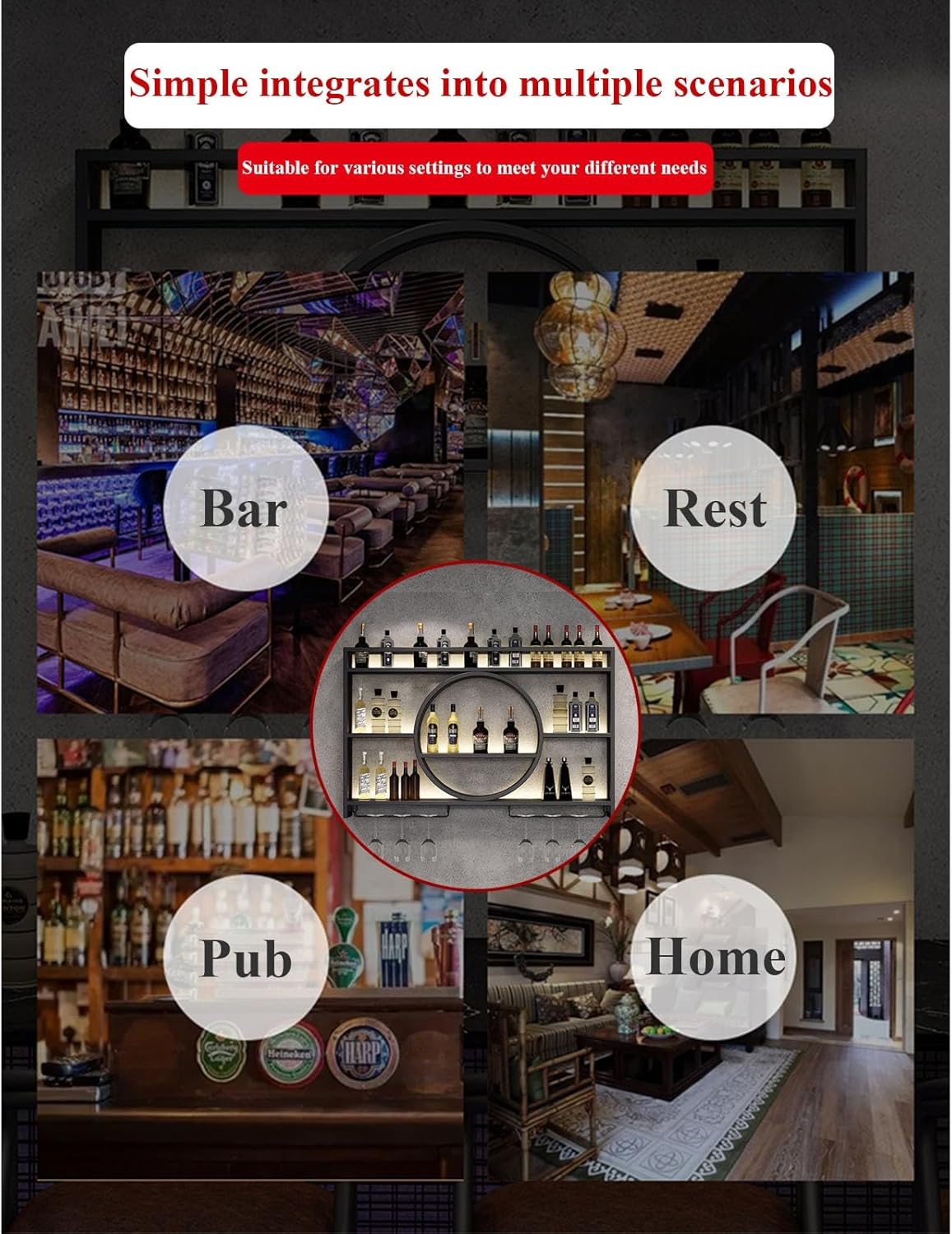 Modernes Wand-Weinregal Mit LED-Beleuchtung, Metall- Und Glas-Design Für Bar-Einheiten, Restaurants Und Zuhause, Vereint Elegante Präsentation Mit Hochwertiger Aufbewahrung(Black,39.3in/100cm)