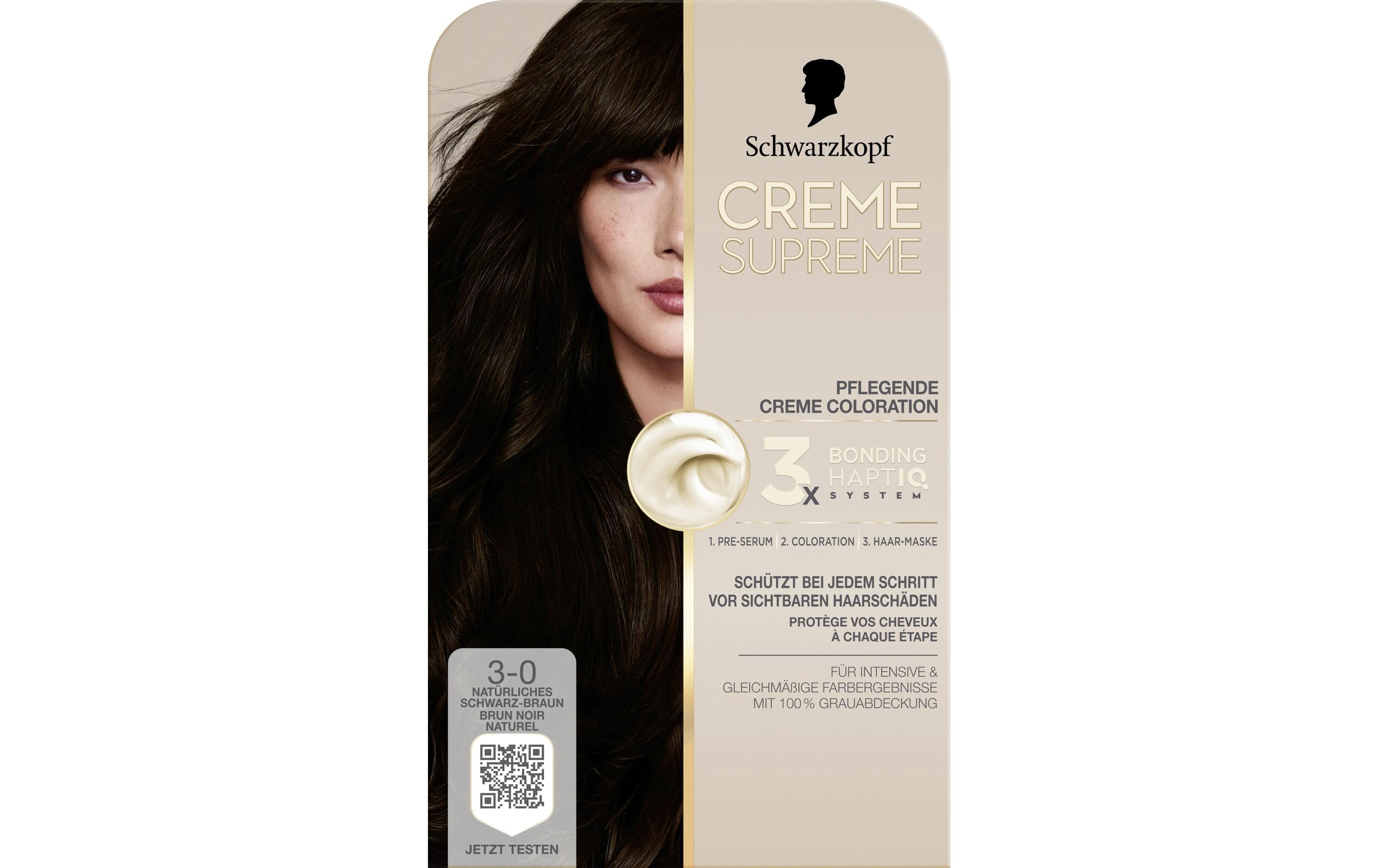 Haarcoloration Creme Supreme 3-0 Natürliches SchwarzbraunColoration, schützt das Haar sichtbar vor Haarschäden