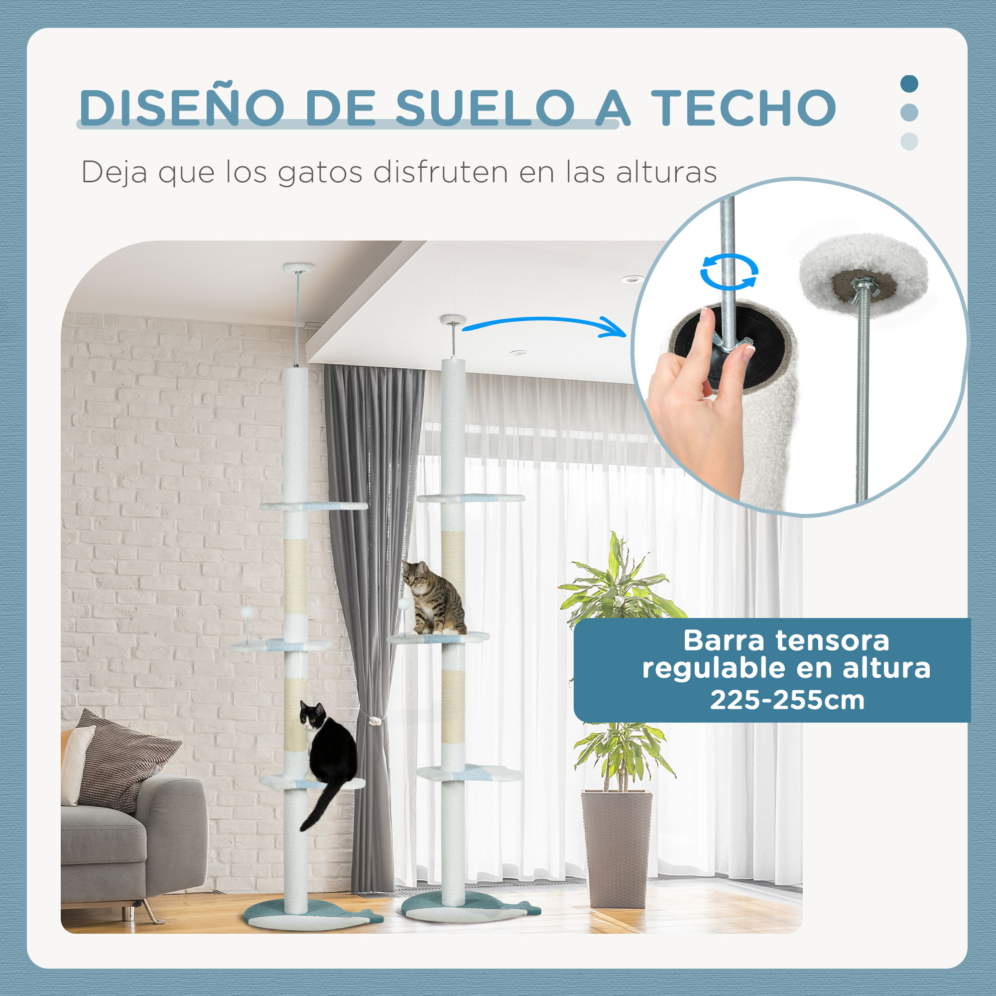 Árvore para gatos PawHut de 225-255 cm, com altura ajustável, 3 plataformas em formato de onda, postes para arranhar e 1 bola, 55 x 38 x 225-255 cm, branca.