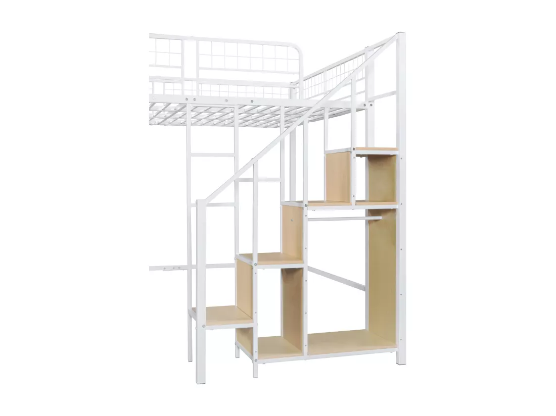 Lit mezzanine 140 x 200 cm avec armoire et étagères - Métal + Contreplaqué + MDF - Sommier à lattes - Blanc