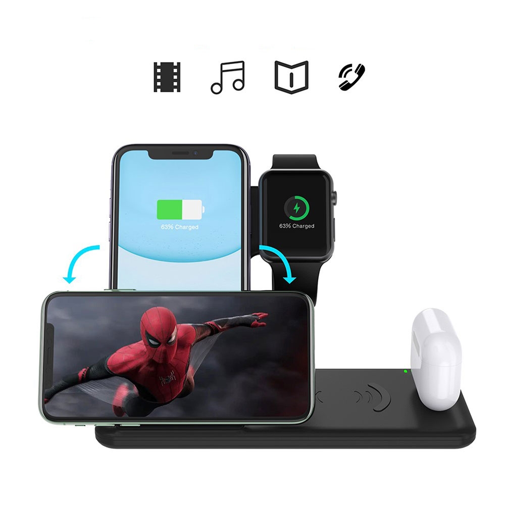 (15W) 4in1 Ladegerät Qi Wireless Charger Faltbarer Ladeständer für Apple Watch / Smartphone / AirPods - Schwarz