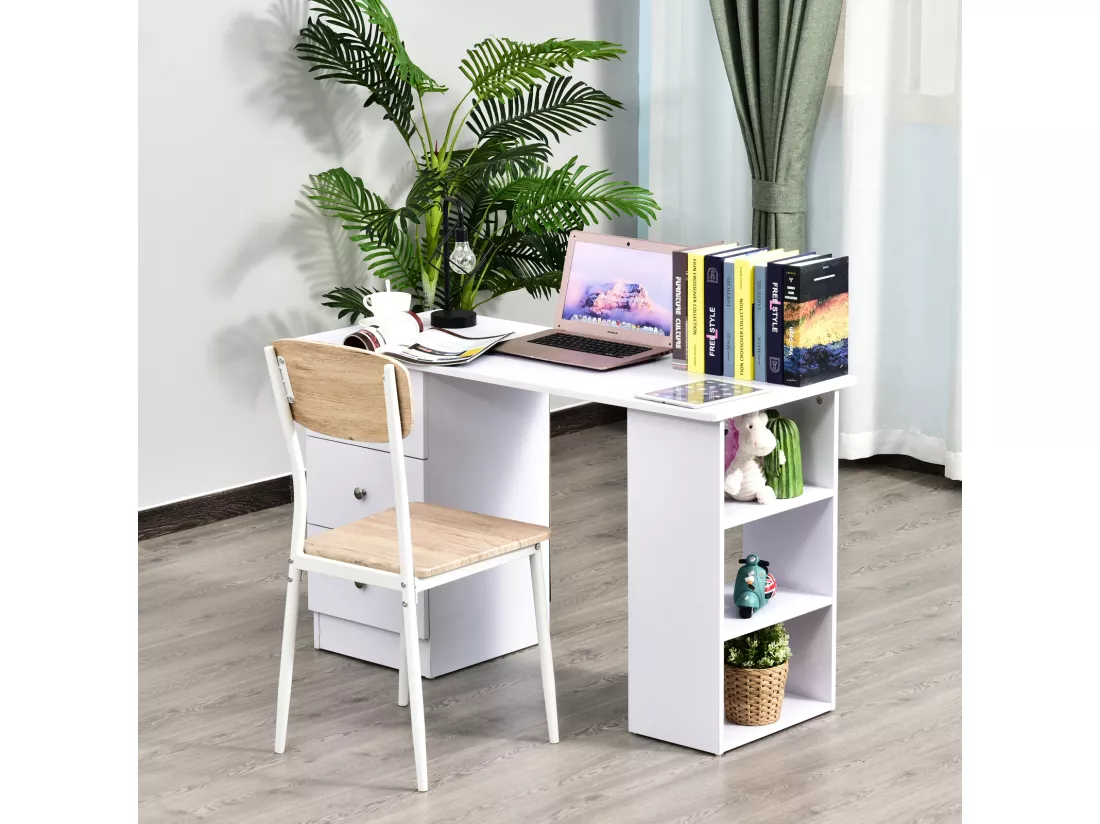 Bureau informatique multimédia multi-rangements 3 tiroirs 2 étagères 120L x 49l x 72H cm blanc