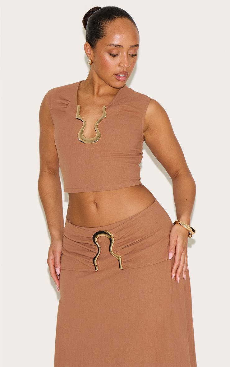 Moka Top Court Crème Aspect Lin Bordure Ondulée Dorée Shape