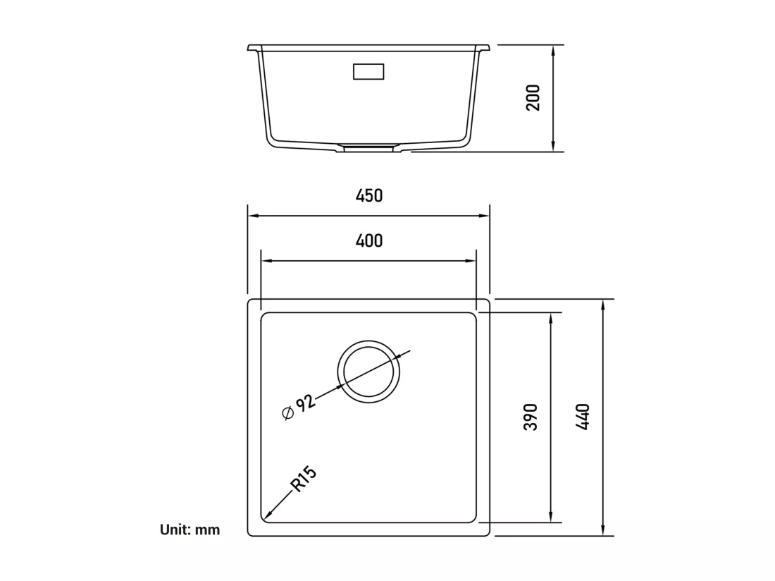 Evier 1 Bac en Quartz et Résine, 3 Options de Montage, 45*44*20cm + Mitigeur de Cuisine Rabattable Brossé