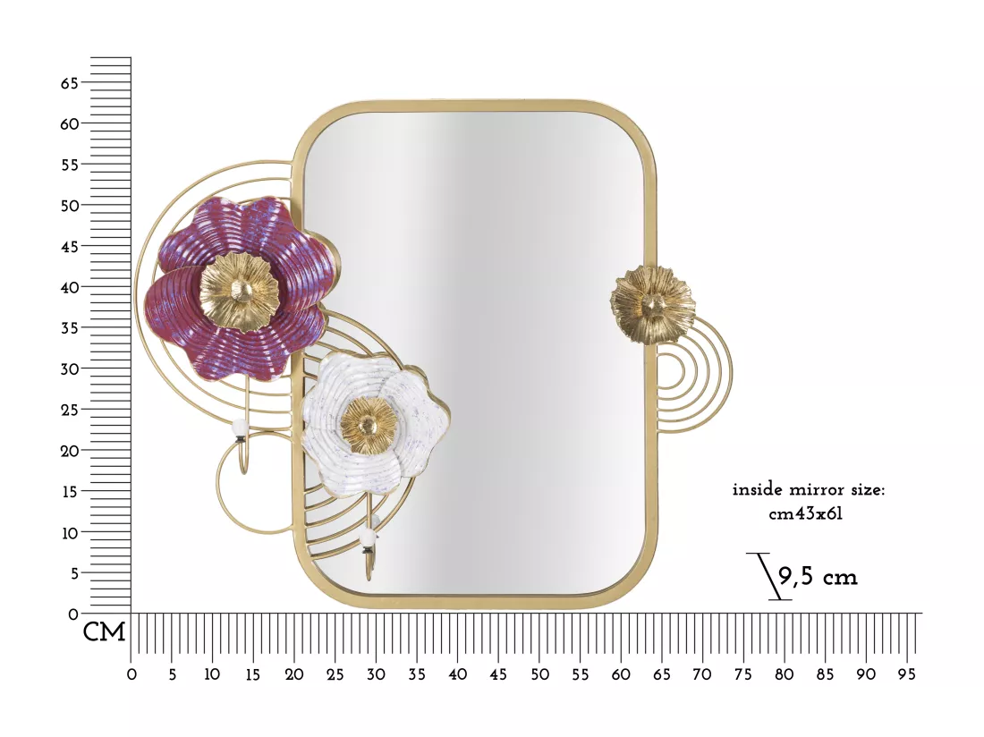 Miroir Mural Lovis - Cadre à Motifs Floraux et 2 Crochets Porte-Manteaux - 75x9,5x64,1 cm