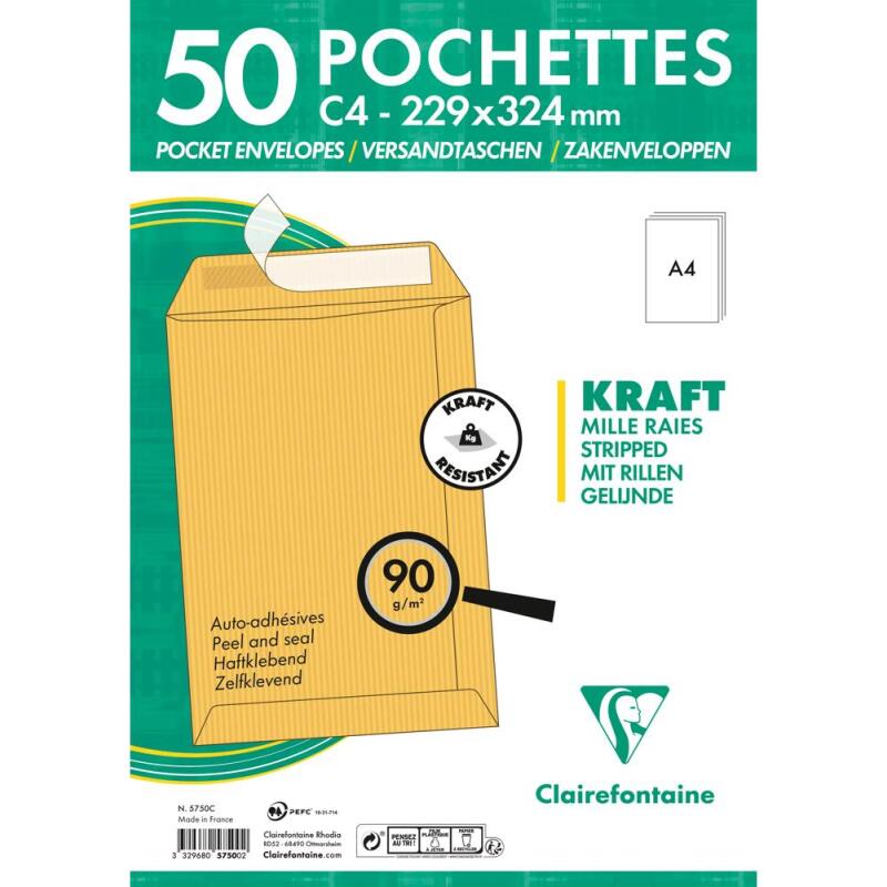 Paquet de 50 Pochettes Kraft Milleraies Brun C4-229x324 mm - Auto-Adhésives - 90g/m2 - Brun