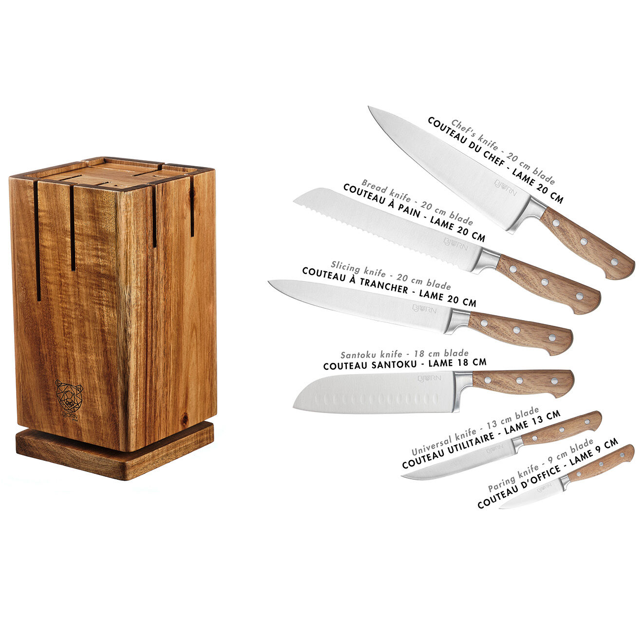 Bjorn Bloc avec couteaux de cuisine Jakob Skagen bois mat - 7 pièces