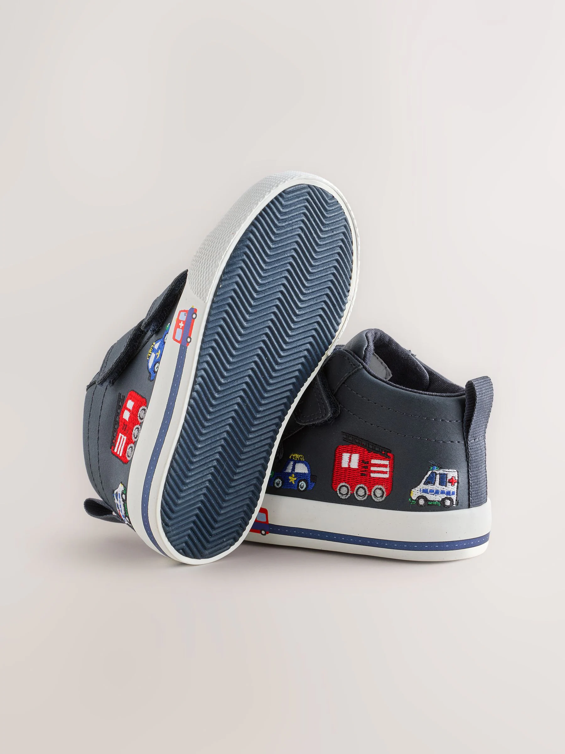 Marineblauw met voertuigprint - Hoge schoenen met klittenbandsluiting