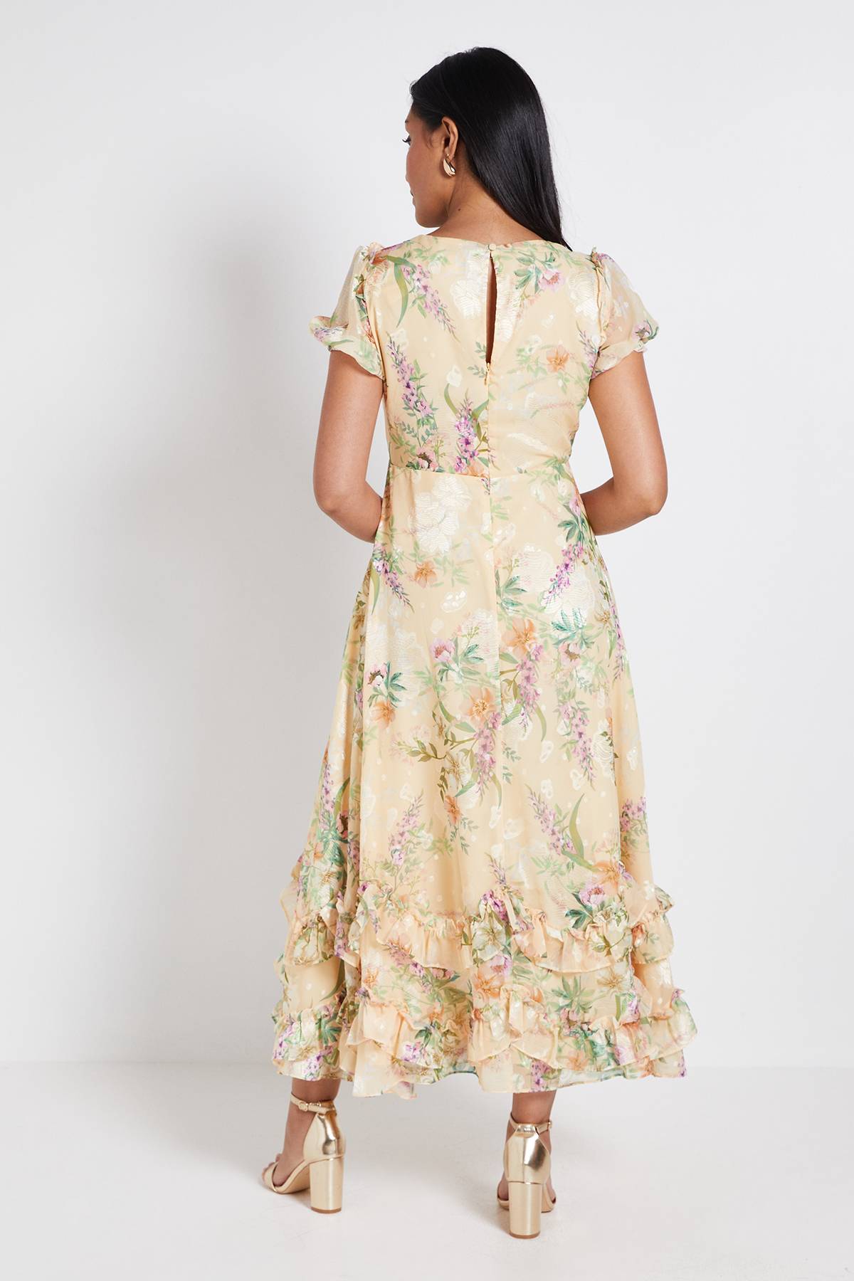 Wallis Robe Mi-longue À Volants En Satin Fleuri Petite
