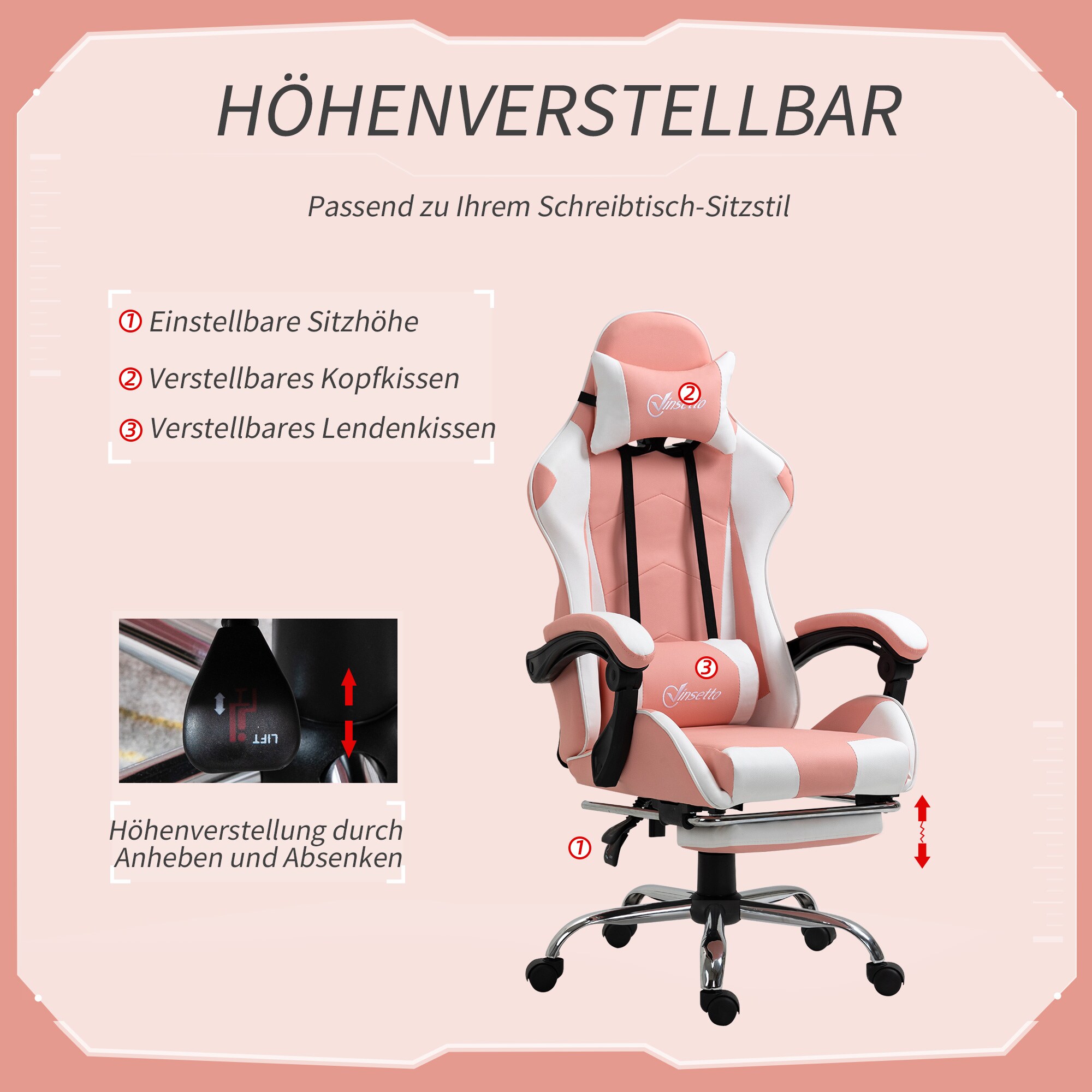 Vinsetto Gamingstuhl mit Rallystreifen rosa, weiß 64 x 67 x 127 cm (BxTxH)