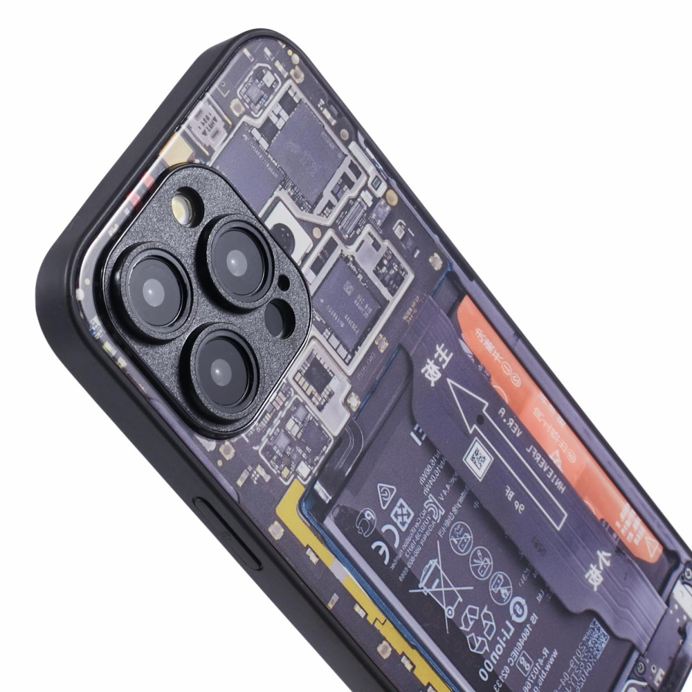iPhone 14 Pro Hybrid Hülle TPU Bumper mit Acryl Rückseite im Batterie Platine Mainboard Design 1   Kameraschutz - Schwarz