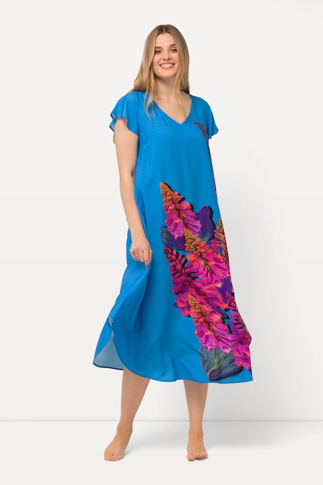 Midikleid, Lupinen, A-Linie, V-Ausschnitt, Cup-Ärmel