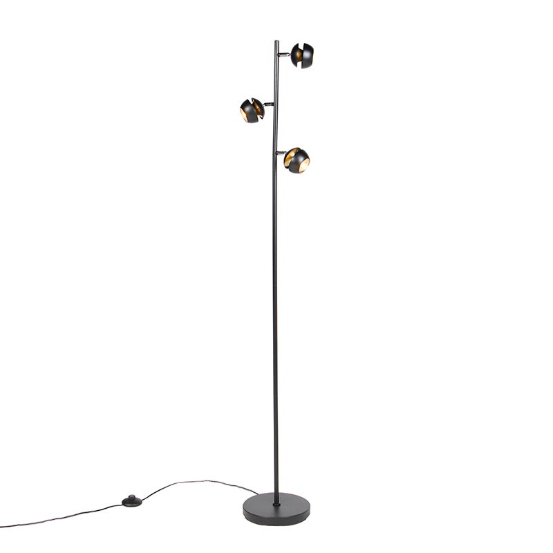 QAZQA - Moderne vloerlamp | Staande lamp | Vloerlamp | Lamp | 3-lichts zwart met goud | Messing interieur - Buell Deluxe | Woonkamer - Stalen bol | Bolvormig | Rond | Langwerpig -
