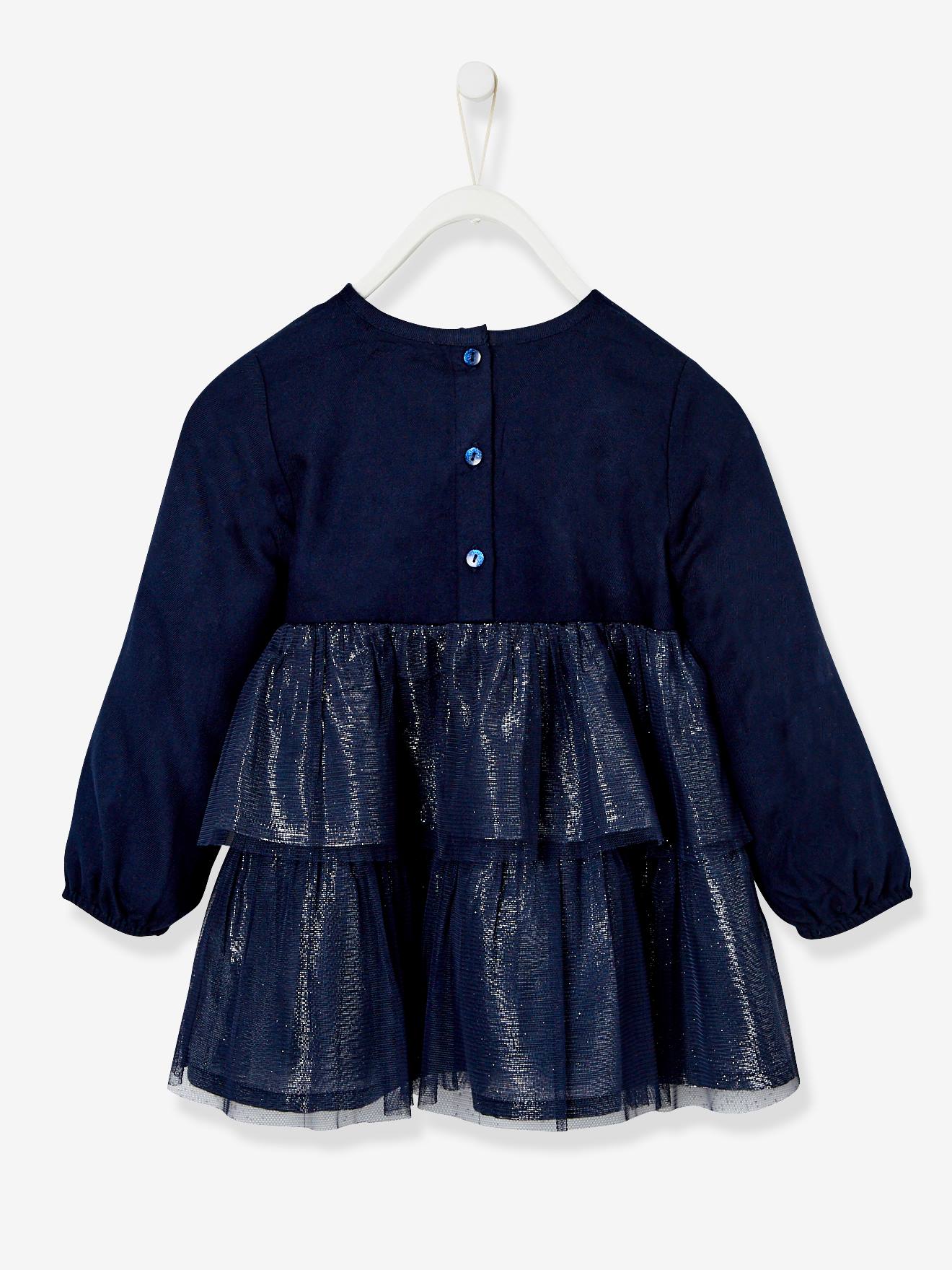 Vestido de festa azul escuro liso com brilho para bebê