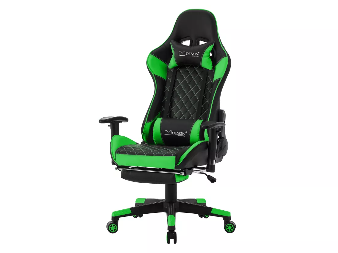 Chaise de jeu avec repose-pieds extensible 2D Accoudoirs Noir/Vert en similicuir ML-Design