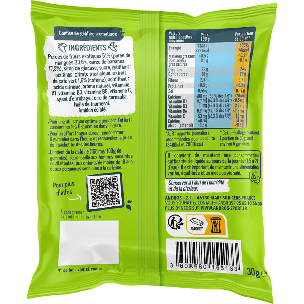 Gels énergétiques ANDROS GUMMIES BOOST MANGUE BANANE CAFE VERT