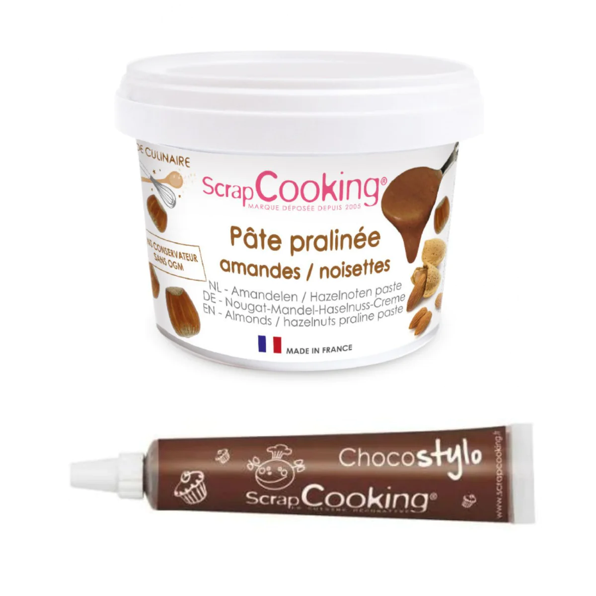 Pâte pralinée noisettes et amandes 200 g + 1 Stylo chocolat Scrapcooki