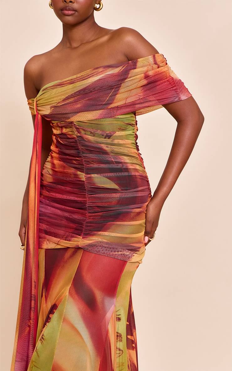 Orange Brûlé Robe Longue Bardot En Mesh Doublée