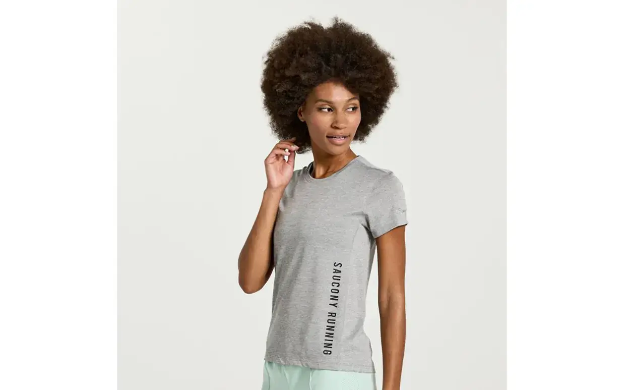 Saucony Stopwatch Graphic Hardloopshirt Korte Mouwen Lichtgrijs Dames