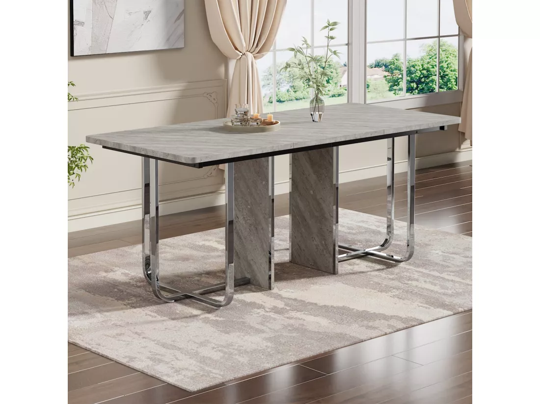 Table à manger 6 à 8 personnes en MDF et métal - Gris et Argent - table à manger rectangle - 180x80x75cm