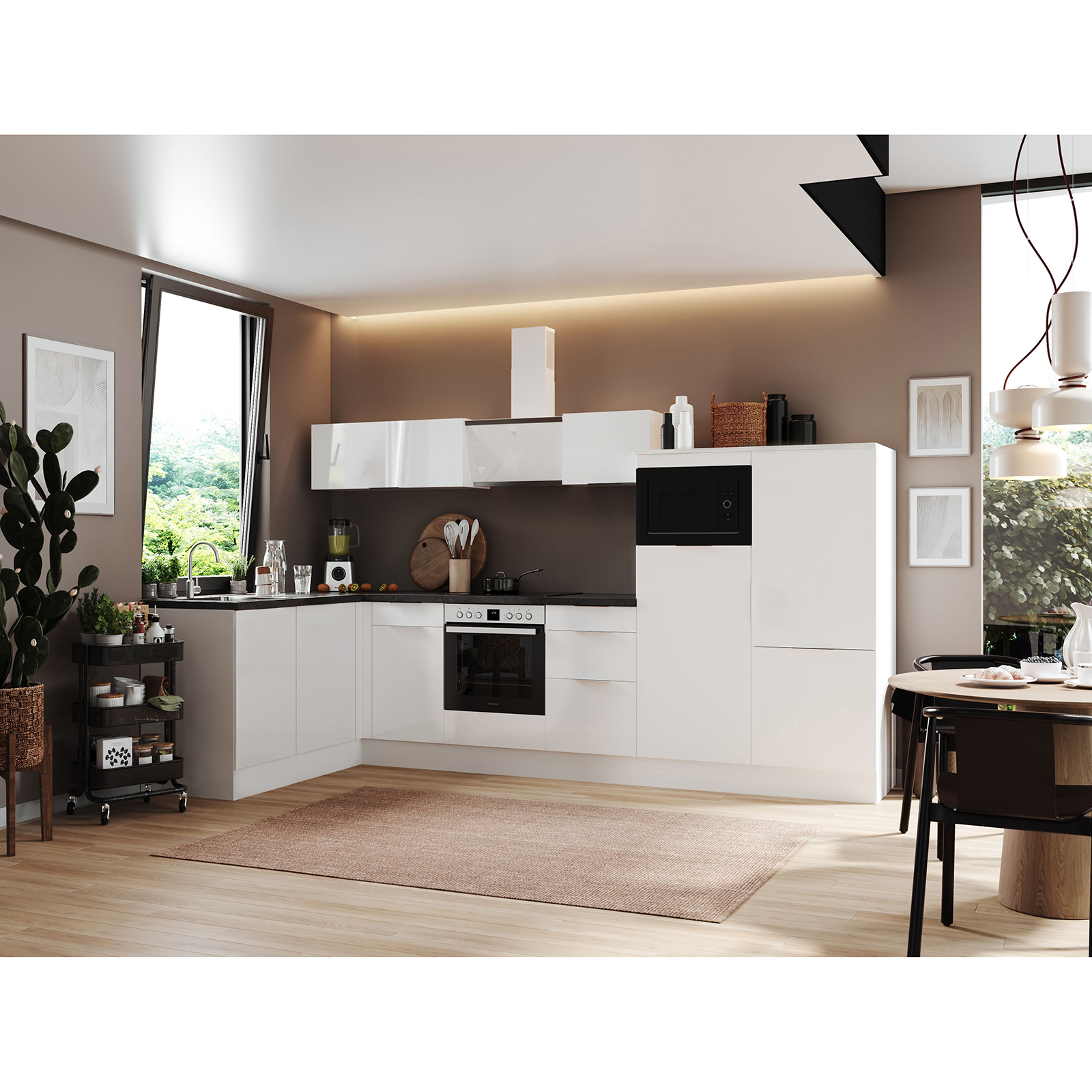 RESPEKTA Winkelküche - weiß Hochglanz - weiß matt - mit E-Geräten - 340x175 cm