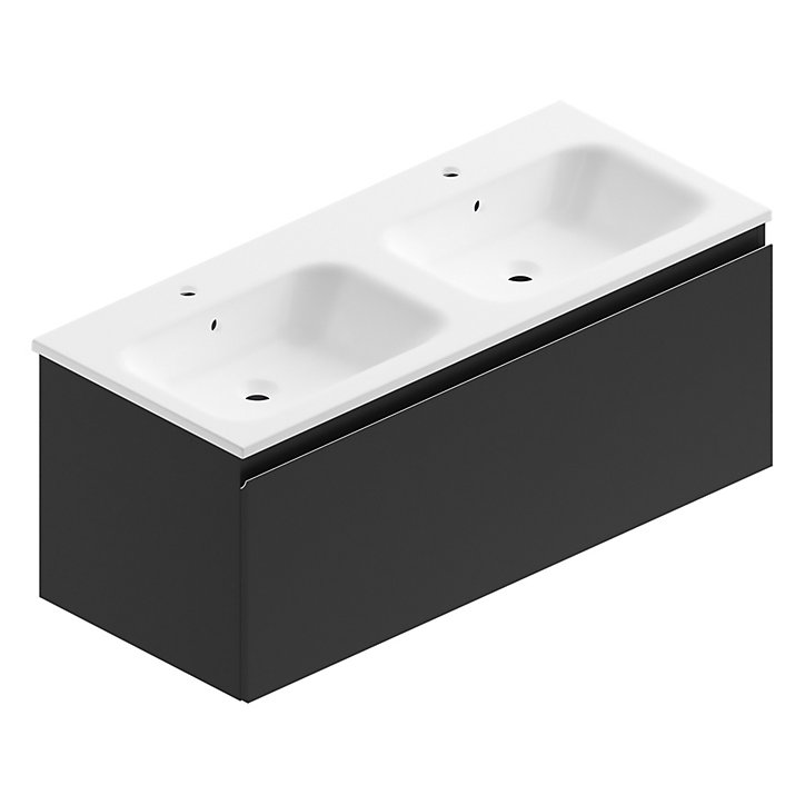 Meuble sous vasque à suspendre Pura noir mat 120 cm + Plan double vasque en résine blanc mat