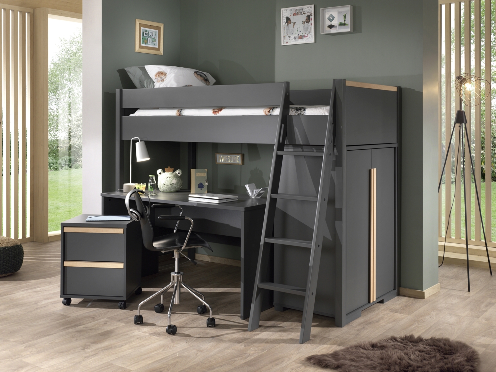 4-teiliges Hochbett-Set LONDON - anthrazit - 90x200 cm