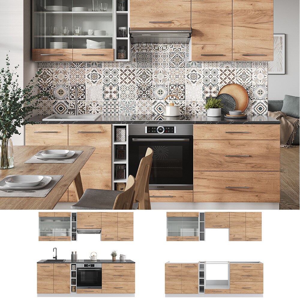 Vicco Küchenzeile Küchenblock Einbauküche Fame-Line Weiß Eiche Goldkraft 235 cm modern Küchen Schränke Hängeglasschrank Hängeschrank Schubladenunterschrank Spülenunterschrank Herdumbauschrank