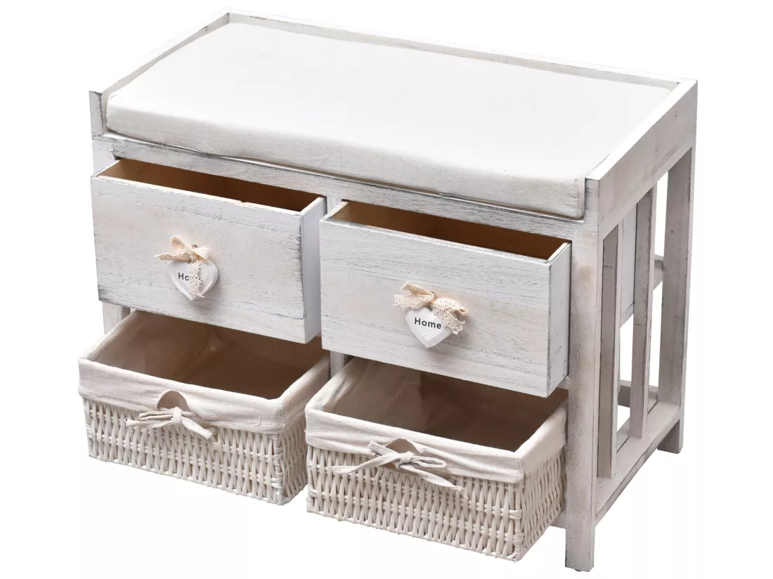 Banc Banquette Assise 2 Tiroirs Bois Blanc Shabby 46x60x30