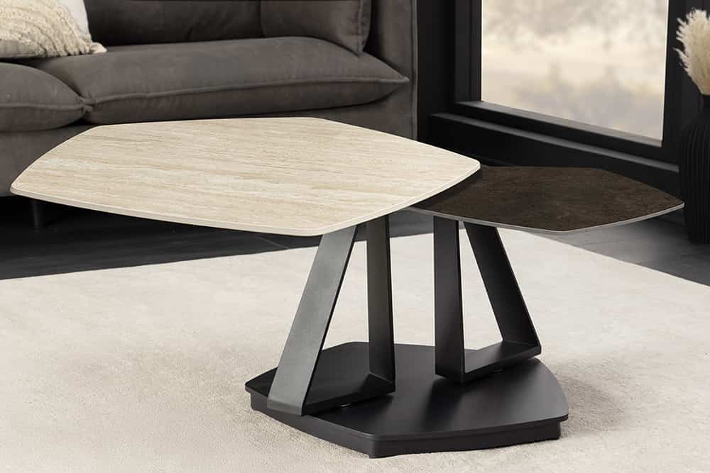 Design Couchtisch MOVEMENT rost Pentagon drehbar Travertin Keramik schwarz Metall
