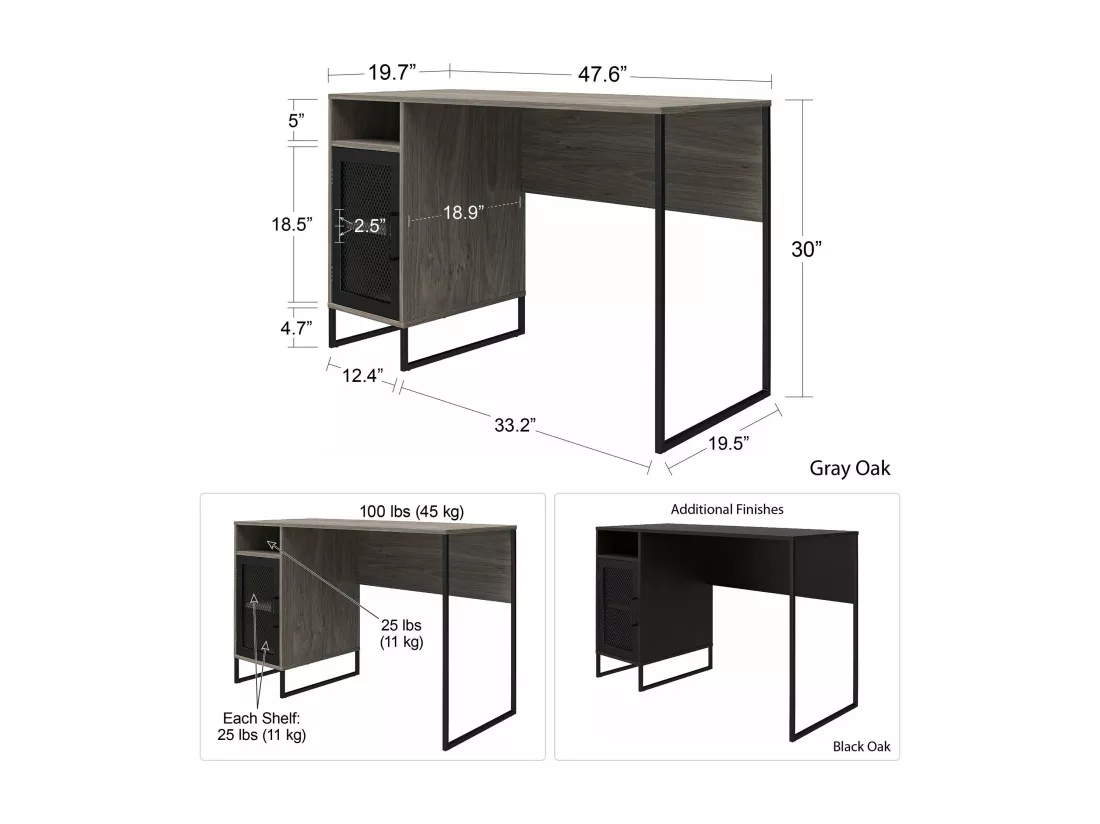 Purdue | Bureau ordinateur caisson 1 porte en MDF chêne gris
