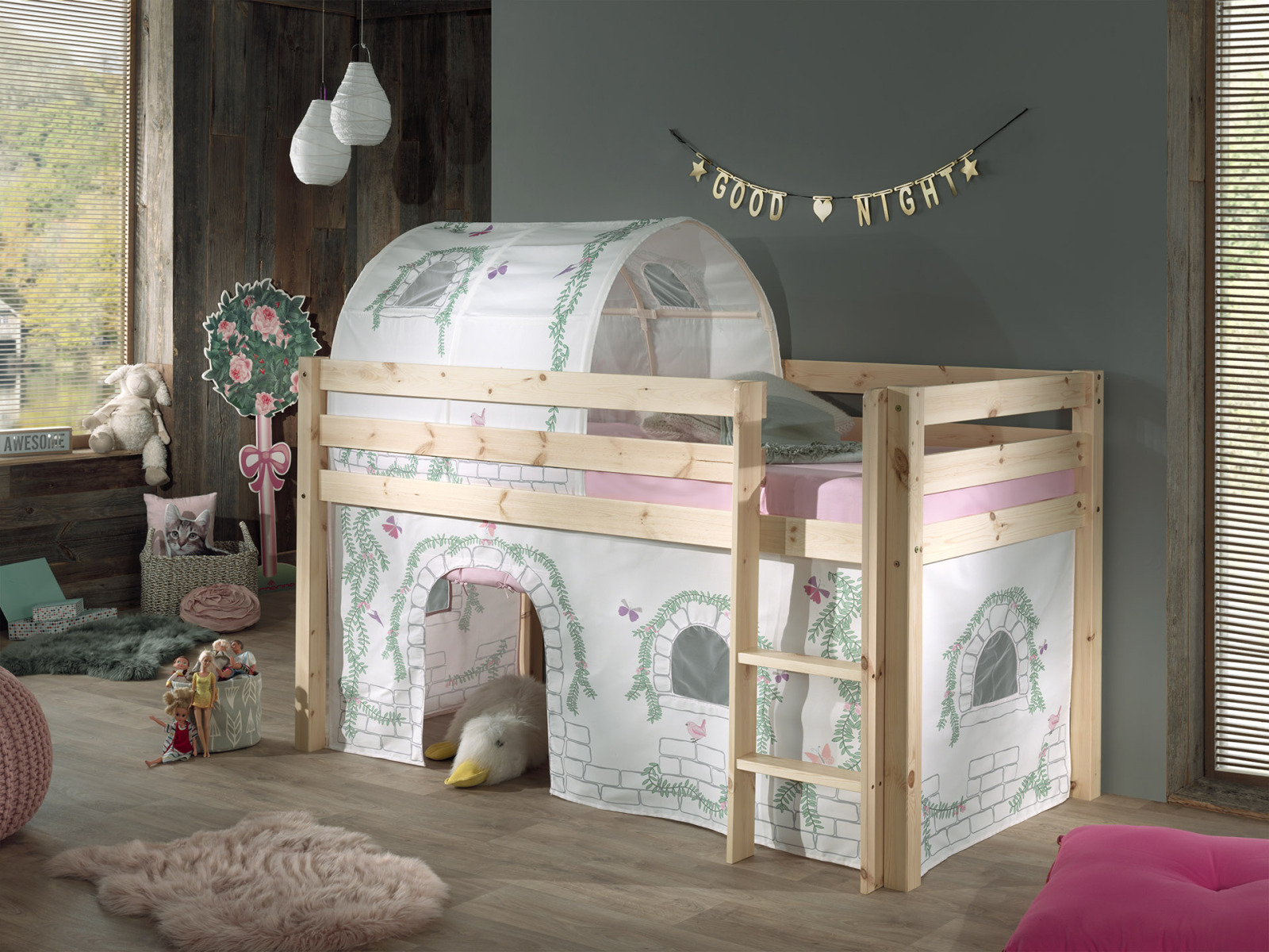 Spielbett PINO mit Vorhang BIRDY - natur - mit Tunnel - 90x200 cm