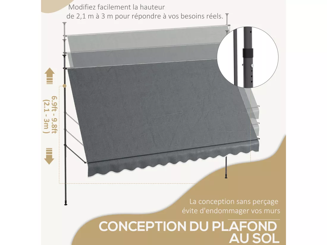Store banne autoportant manuel rétractable 3,5L x 1,2l x 2,1-3H m inclinaison réglable métal alu polyester gris