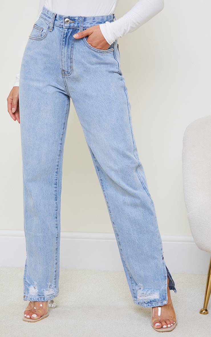 Light Blue Wash Jean Droit Petite Délavage Clair Effet Déchiré Ourlet Fendu