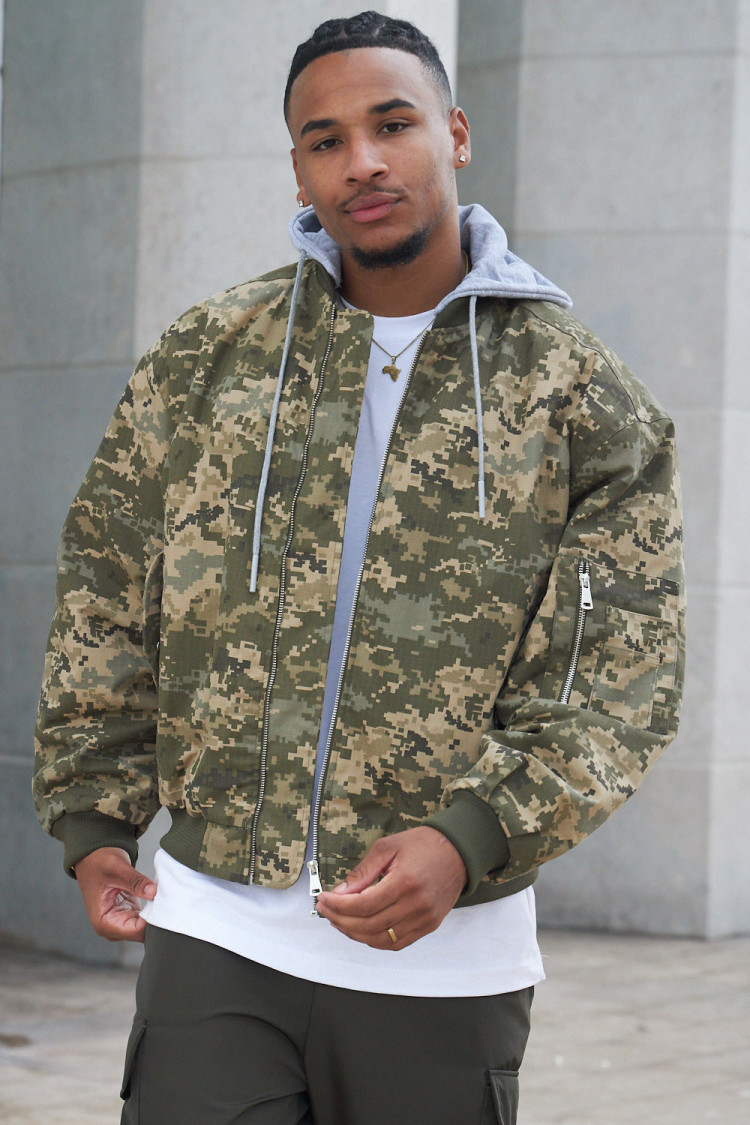 Veste bi-matière à capuche camouflage kaki