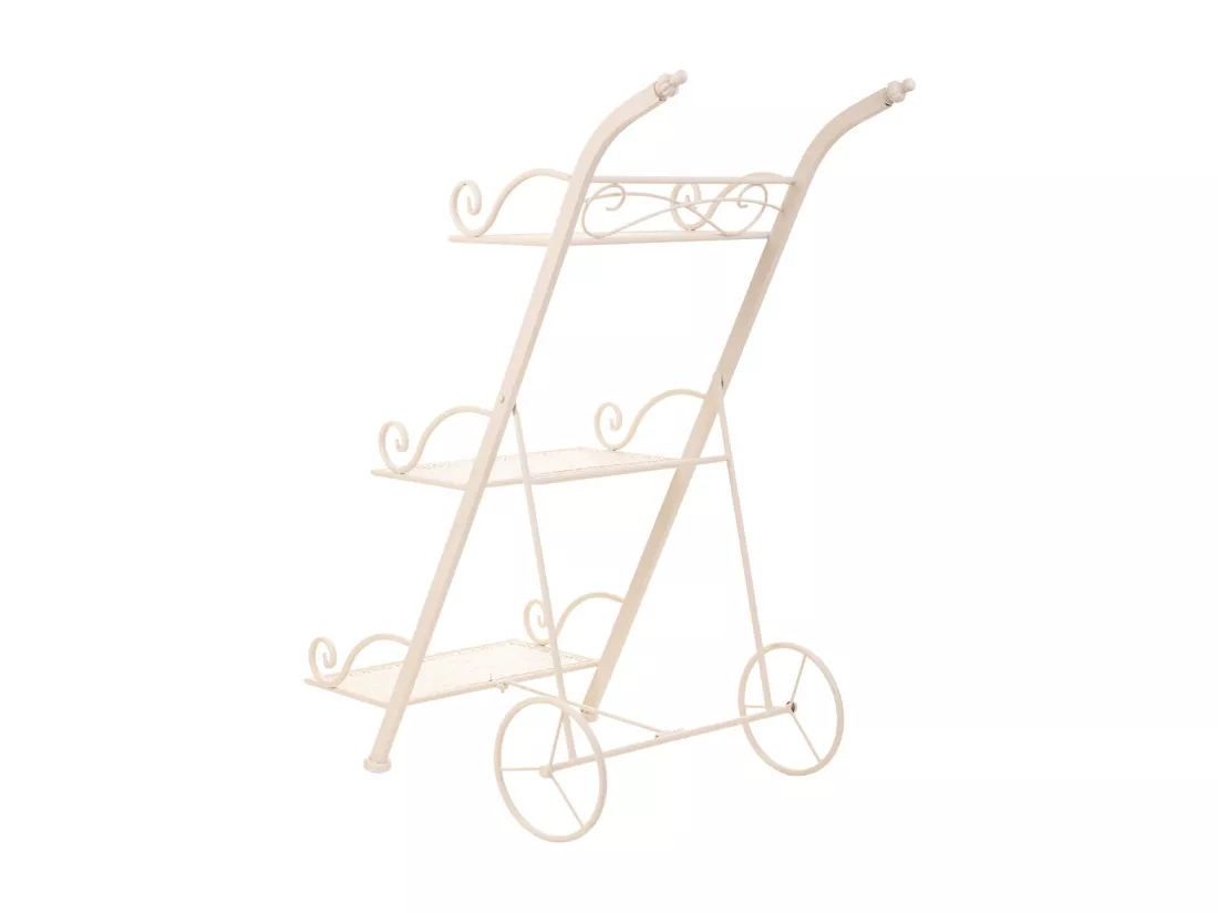 Chariot 3 étagères pour pots de fleurs en fer forgé blanc 40x34x78h cm
