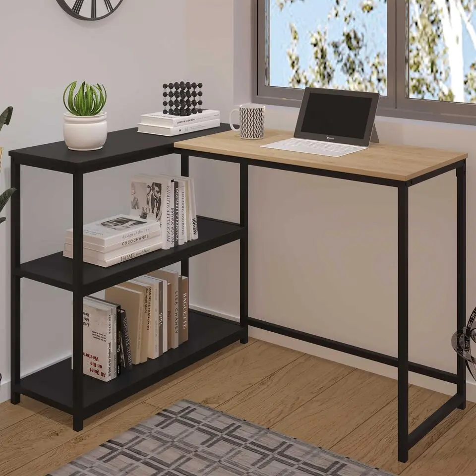 Hoekbureau Schmitt - 110x80x76cm - met opbergruimte - eikdecor/zwart