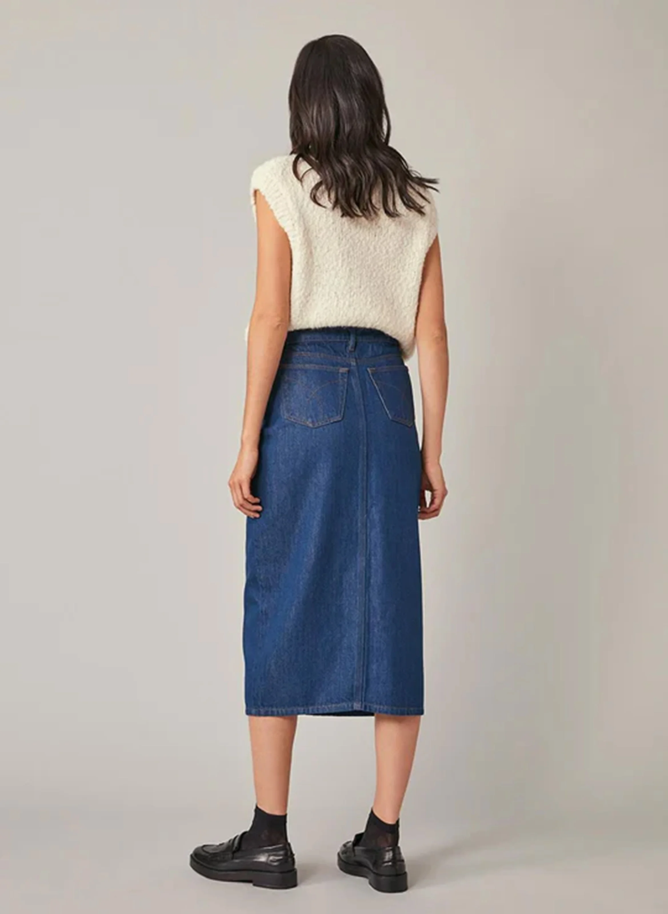 FELICIA - Jupe midi droite en denim de coton mélangé | Bleu